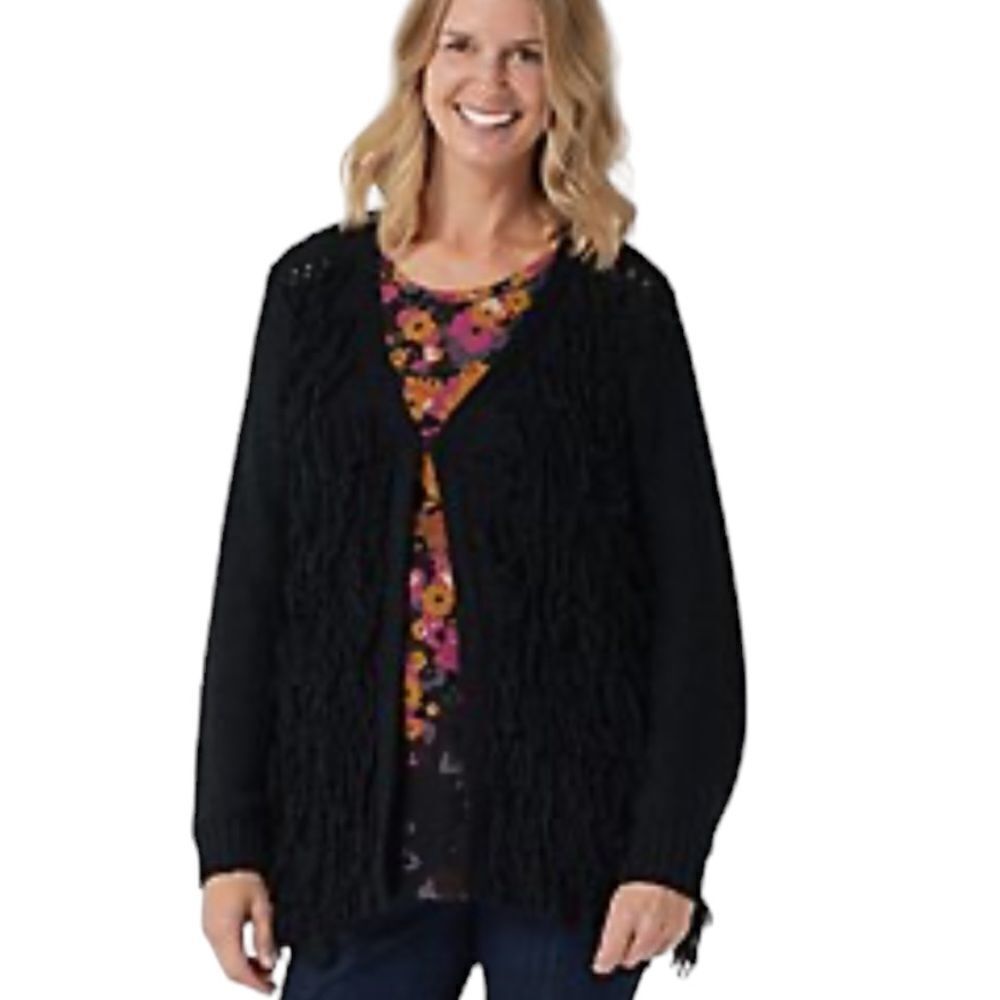 LOGO by Lori Goldstein black Jersey Knit Cardigan w/ Loops fringe size xlarge
